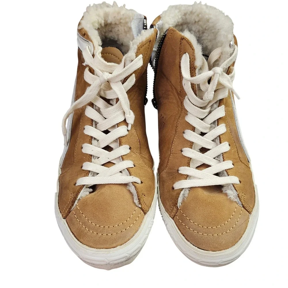 Golden Goose Slide Tan Suede Shearling Lined High Top Sneakers Silver Star 37
